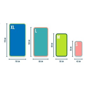 Size guide for Meteor Microfiber Towels showing dimensions for XL, L, M, and S options in centimeters.