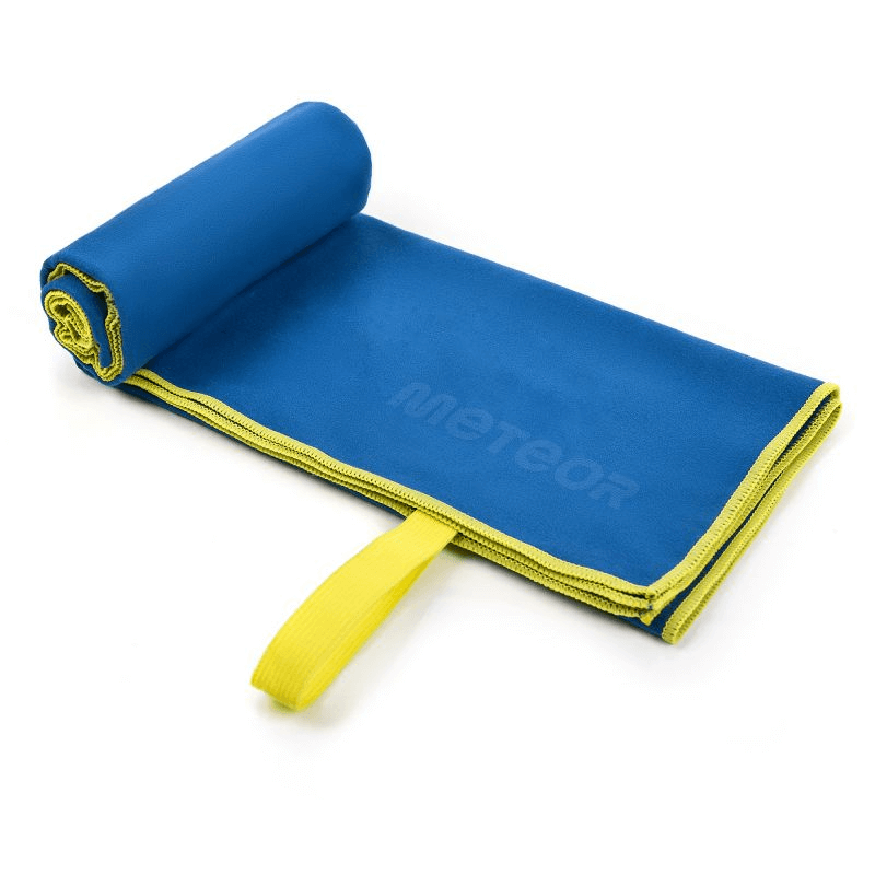 Meteor navy microfiber towel rolled and ready for outdoor adventures, lightweight and quick-drying for travel and sports.