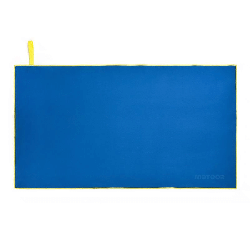 Lightweight Meteor navy microfiber towel with yellow trim, perfect for outdoor adventures, travel, and sports activities.