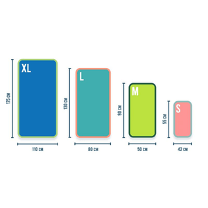 Size chart of Meteor Navy Microfiber Towel in XL, L, M, and S with measurements in centimeters for outdoor and travel use.