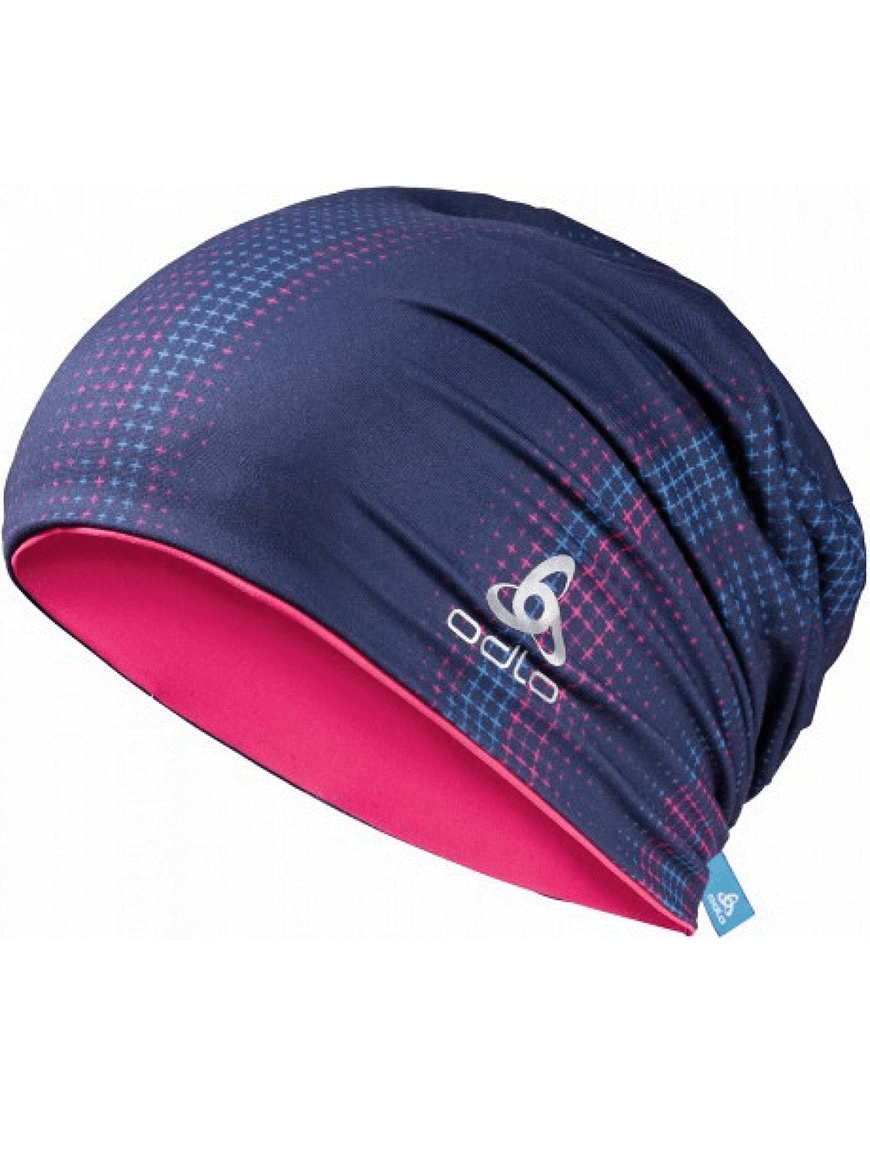 ODLO men's patterned outdoor hat in navy and pink, perfect for sports and adventures in comfort and style.