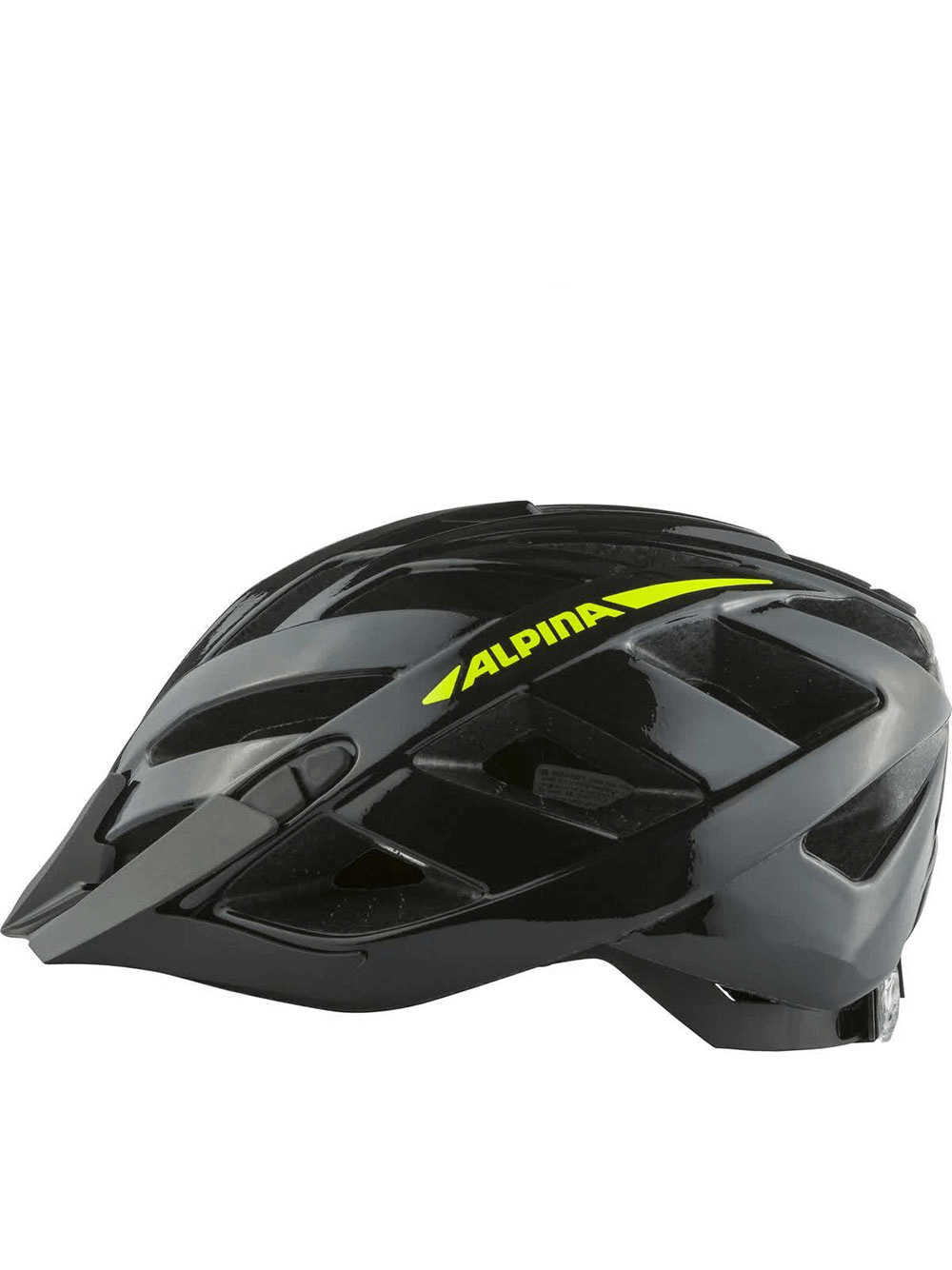 Stylish ALPINA men's riding helmet in black with neon highlights, designed for outdoor sports and adventure travel.