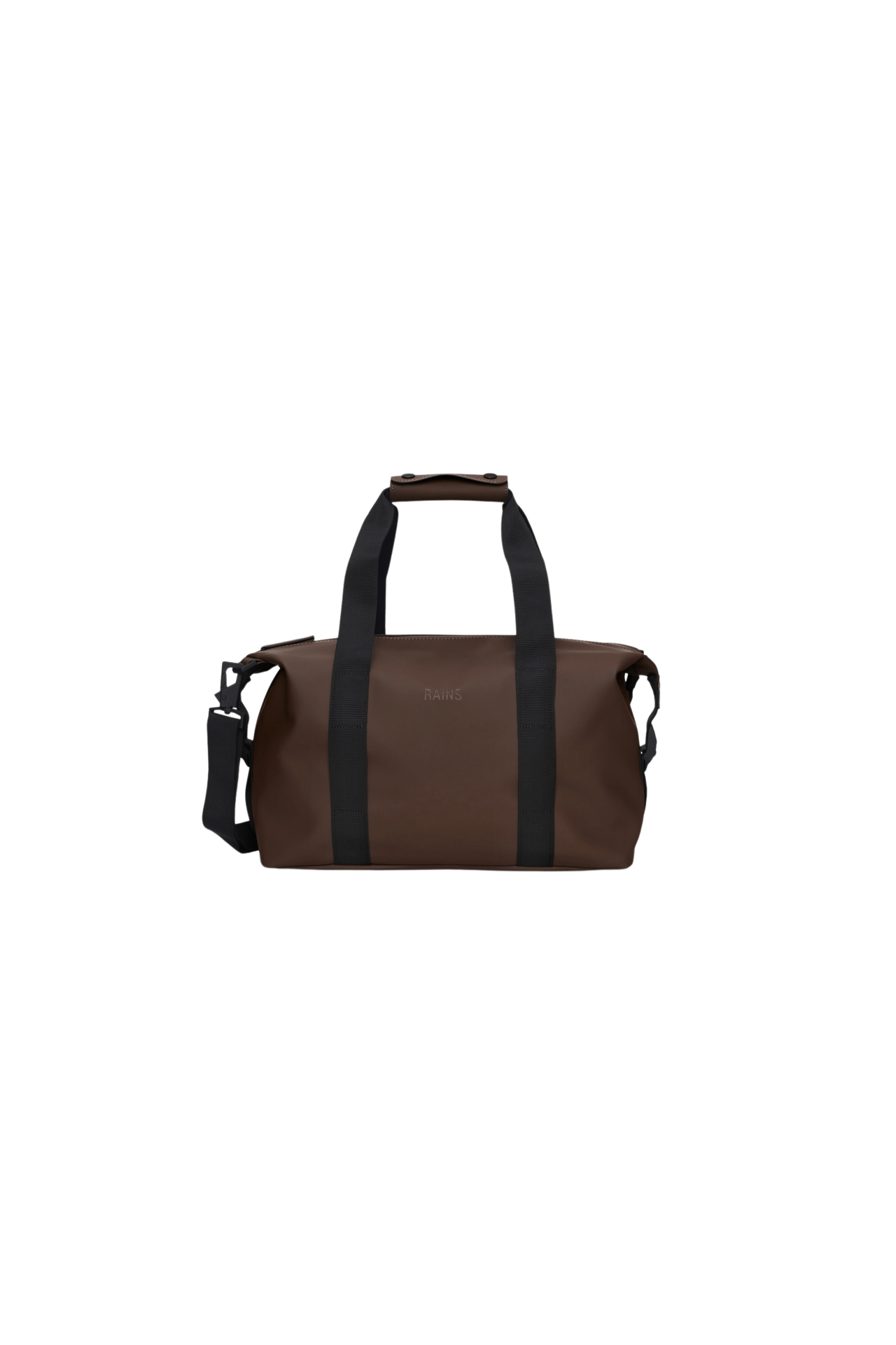 RAINS men's sports bag in brown, durable and stylish for outdoor adventures and travel, with water-resistant features.