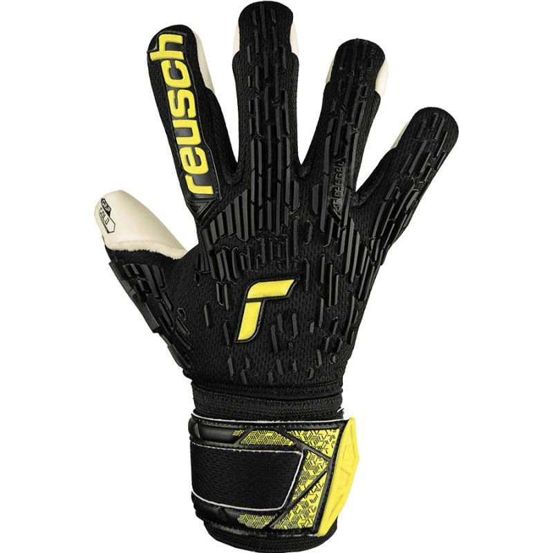 Reusch Attrakt Freegel Gold Finger Support Jr Goalkeeper Gloves for outdoor sports, featuring superior grip and protection.