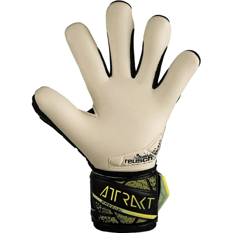 Reusch Attrakt Freegel Gold Finger Support Jr Goalkeeper Gloves for outdoor sports, offering superior grip and protection for young athletes.