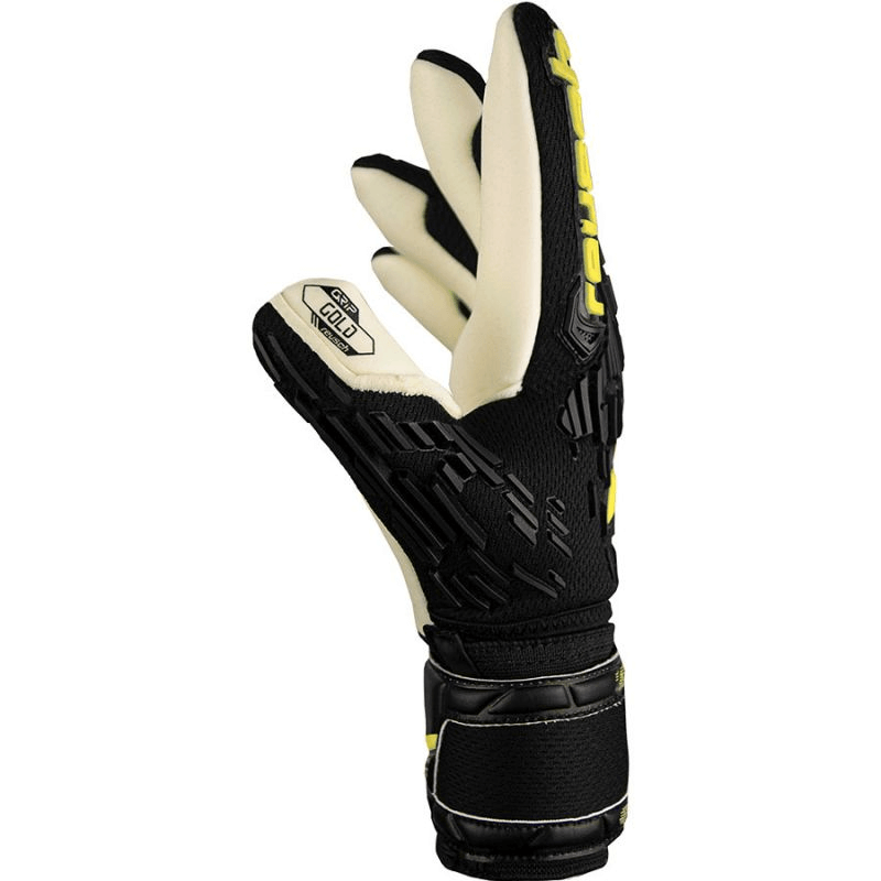 Reusch Attrakt Freegel Gold Finger Support Jr goalkeeper gloves showcasing high-quality grip and durable design for junior athletes.