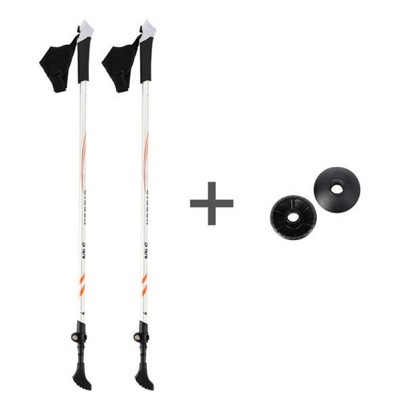 Nordic Walking Nils Extreme CARBON NW106 adjustable poles with black and orange accents, plus two interchangeable tips for various terrains.