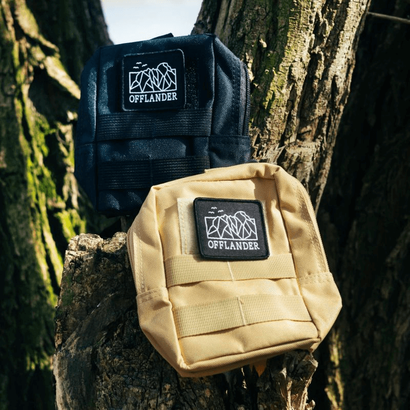 Offlander tactical pouches in black and tan colors, designed for outdoor adventures and utility use.