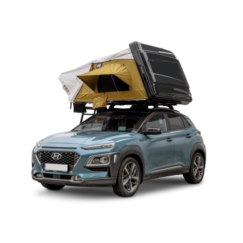 Offlander Fold 2 Sand Roof Tent mounted on a car, perfect for outdoor adventure and travel for two people.