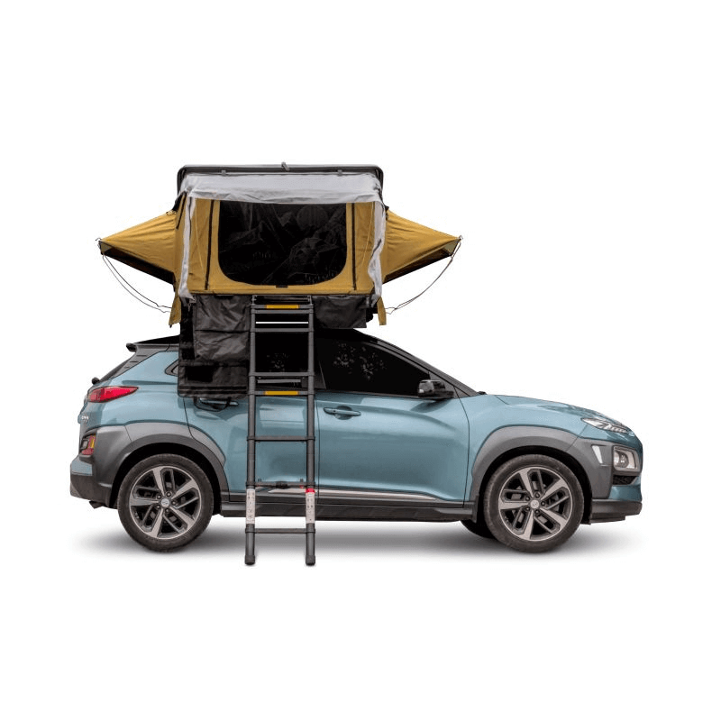 Offlander Fold 2 Sand Roof Tent mounted on a blue car, showcasing durable design for outdoor adventures and easy access.