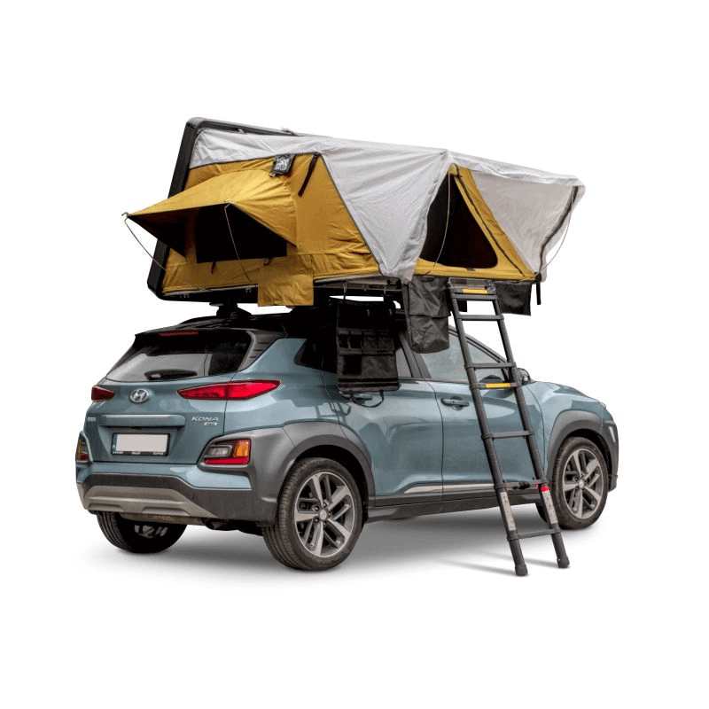 Offlander Fold 2 Sand Roof Tent mounted on a car, perfect for outdoor adventures and travel for two people.