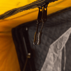 Durable zipper detail of Offlander Fold 2 Sand Roof Tent, designed for outdoor adventures and easy setup.