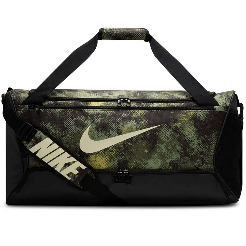 Nike Brasilia FZ2585-386 Bag in camouflage design, ideal for outdoor sports, adventure, and travel. Durable and stylish with spacious compartments.