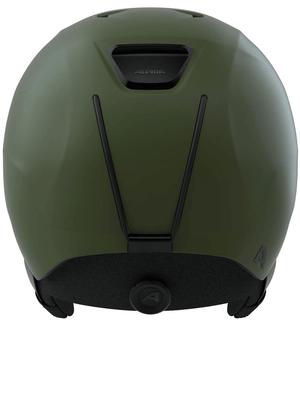 Back view of ALPINA trendy ski helmet in green, featuring adjustable straps for outdoor sports and adventures.