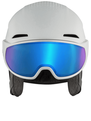 ALPINA trendy professional ski helmet in white with blue mirrored visor, perfect for outdoor sports and skiing adventures.