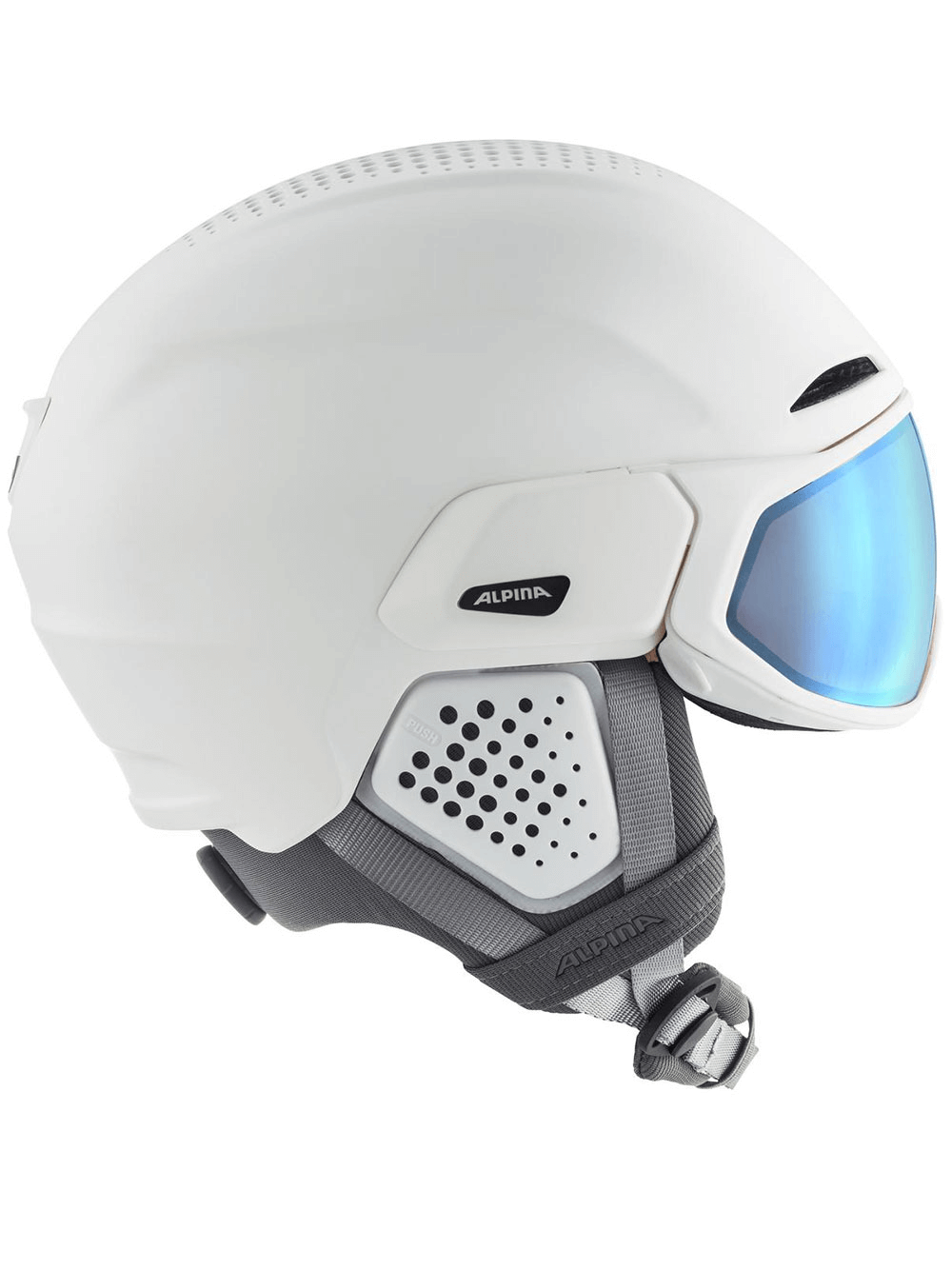 ALPINA trendy professional ski helmet in white with adjustable strap and blue visor for outdoor sports adventure.