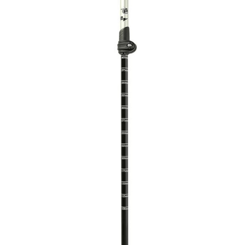 Adjustable Nordic walking pole showcasing measurement markings for personalized length settings and ergonomic grip for outdoor adventures.