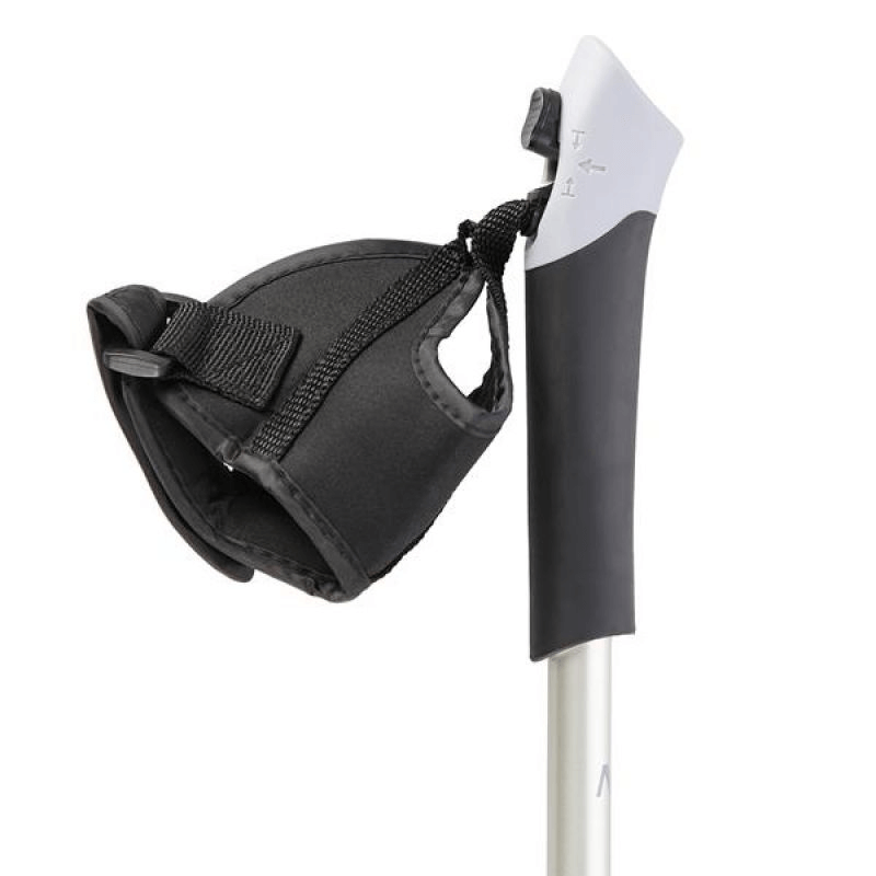 Close-up of Nordic Walking pole grip and strap, designed for outdoor sport and adventure. Adjustable for comfort and performance.