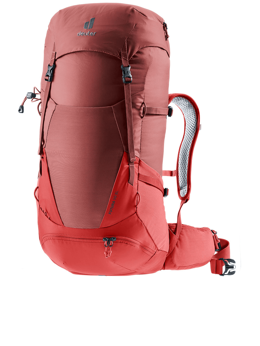 DEUTER lightweight adjustable strap outdoor backpack in vibrant red for sports and travel adventures.