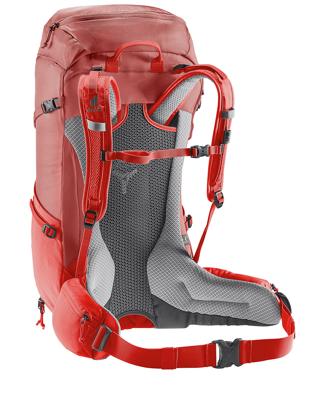 DEUTER lightweight adjustable strap backpack in red, featuring ergonomic design for outdoor sports and travel adventures.