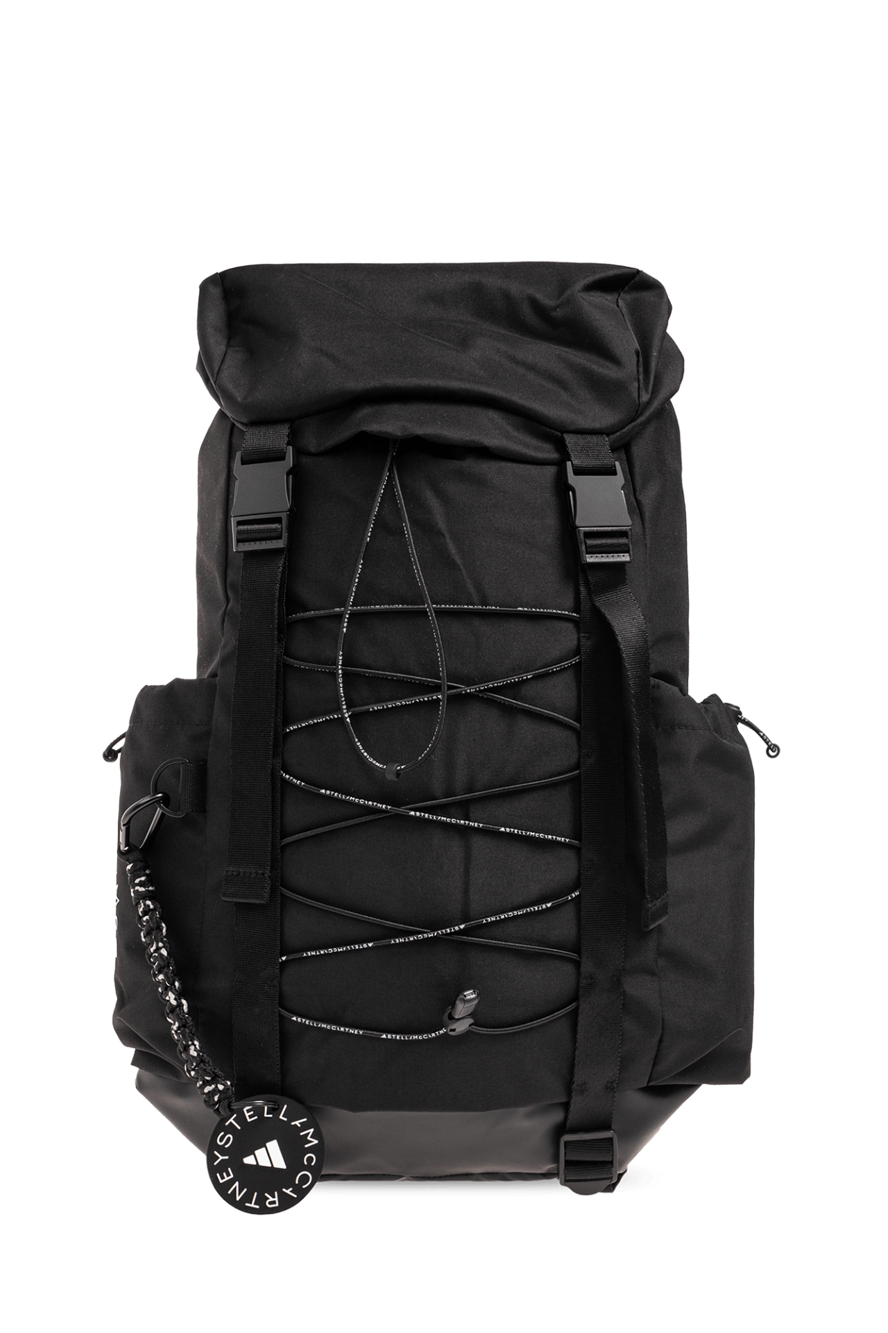 Black ADIDAS by Stella McCartney lightweight outdoor backpack with adjustable straps and decorative lacing for sports travel.