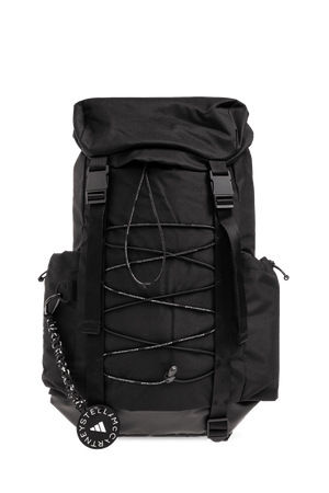 Black ADIDAS by Stella McCartney lightweight outdoor backpack with adjustable straps and decorative lacing for sports travel.