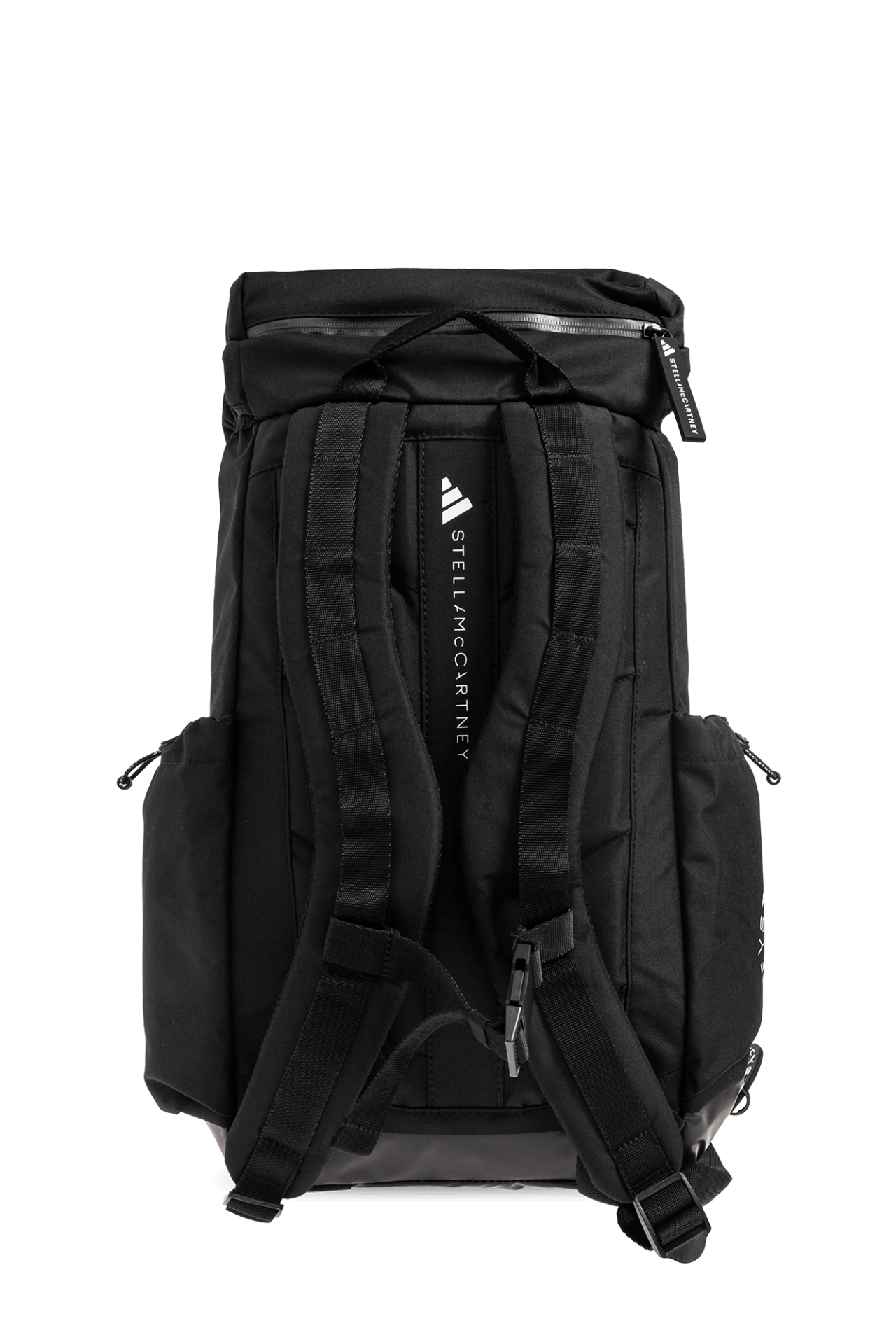 Black ADIDAS by Stella McCartney outdoor backpack with adjustable straps, perfect for sports and travel adventures.