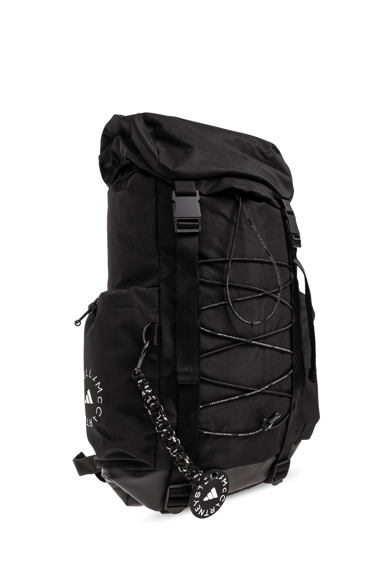 ADIDAS by Stella McCartney black outdoor backpack with adjustable straps, decorative lacing, and eco-friendly design for sports and travel.