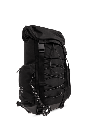 ADIDAS by Stella McCartney black outdoor backpack with adjustable straps, decorative lacing, and eco-friendly design for sports and travel.