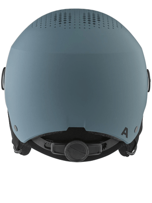 Back view of ALPINA trendy hard-shell ski helmet in blue, designed for outdoor winter sports and adventure travel.