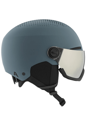 Stylish ALPINA hard-shell ski helmet with visor, ideal for outdoor winter sports and adventure travel.