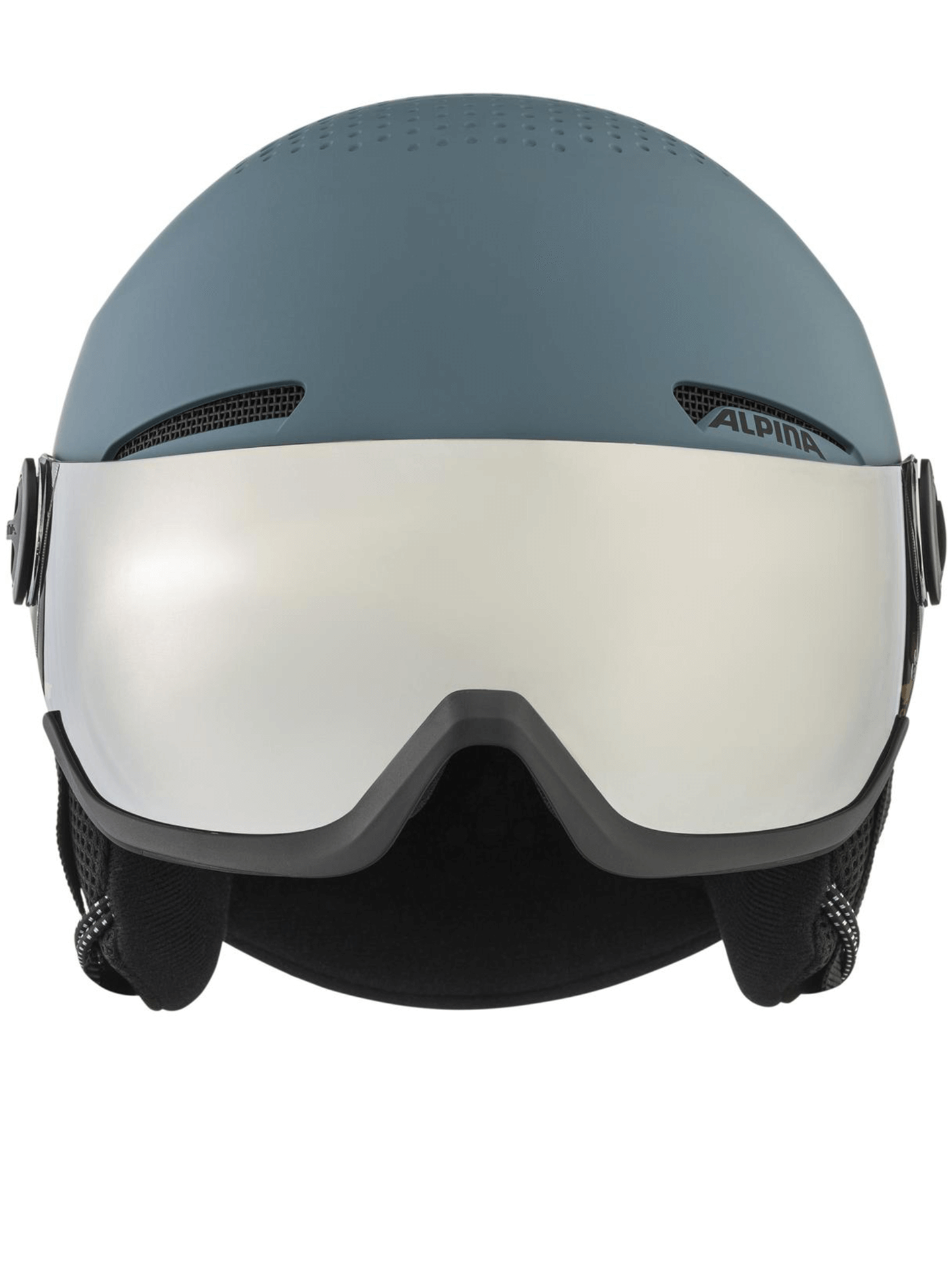 ALPINA trendy hard-shell ski helmet in blue with mirrored visor, designed for outdoor winter sports and adventure.