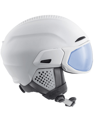 ALPINA fashionable ski helmet in white with visor, suitable for outdoor winter sports and stylish adventure travel.