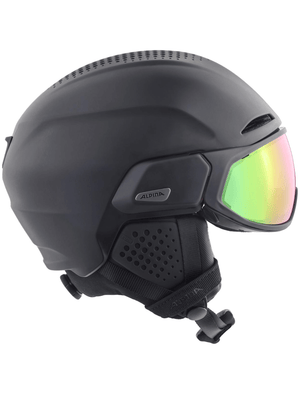 Black ALPINA ski helmet with colorful visor, perfect for outdoor winter sports and stylish adventure.