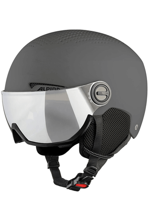 ALPINA trendy outdoor ski helmet with visor, designed for winter sports and adventure, made in Germany.