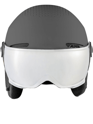 ALPINA trendy outdoor ski helmet with clear visor, designed for winter sports adventures and travel, made in Germany.