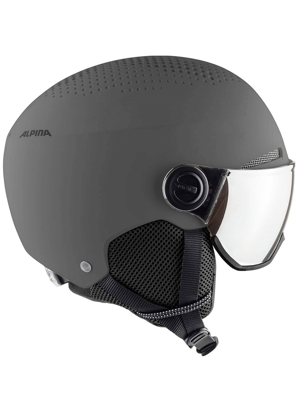 ALPINA fashionable gray ski helmet with visor for outdoor winter sports and adventures, made in Germany.