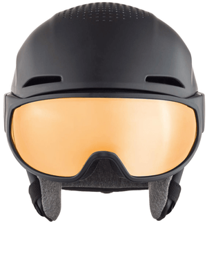 Stylish black ski helmet with orange visors, perfect for outdoor winter sports and adventures. Durable and protective design.