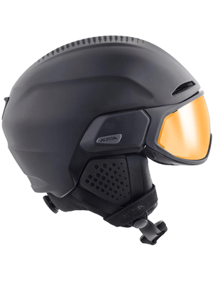 ALPINA stylish ski helmet in matte black with orange visor, designed for outdoor winter sports and adventures.