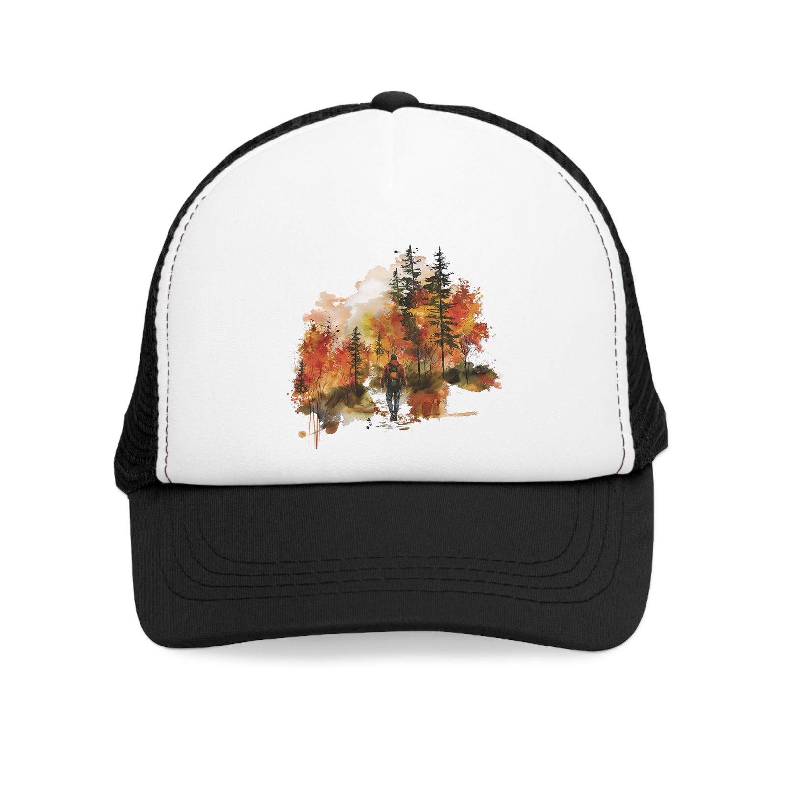 Mesh cap with an autumn forest design, great for outdoor adventures and camping. Available at revlando.com.