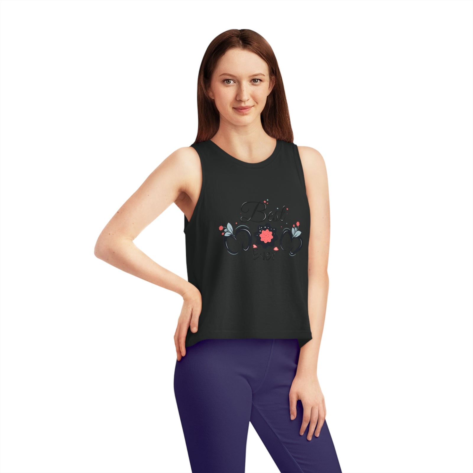 Women's Dancer Cropped Tank Top in black with floral design, perfect for outdoor adventures and camping.