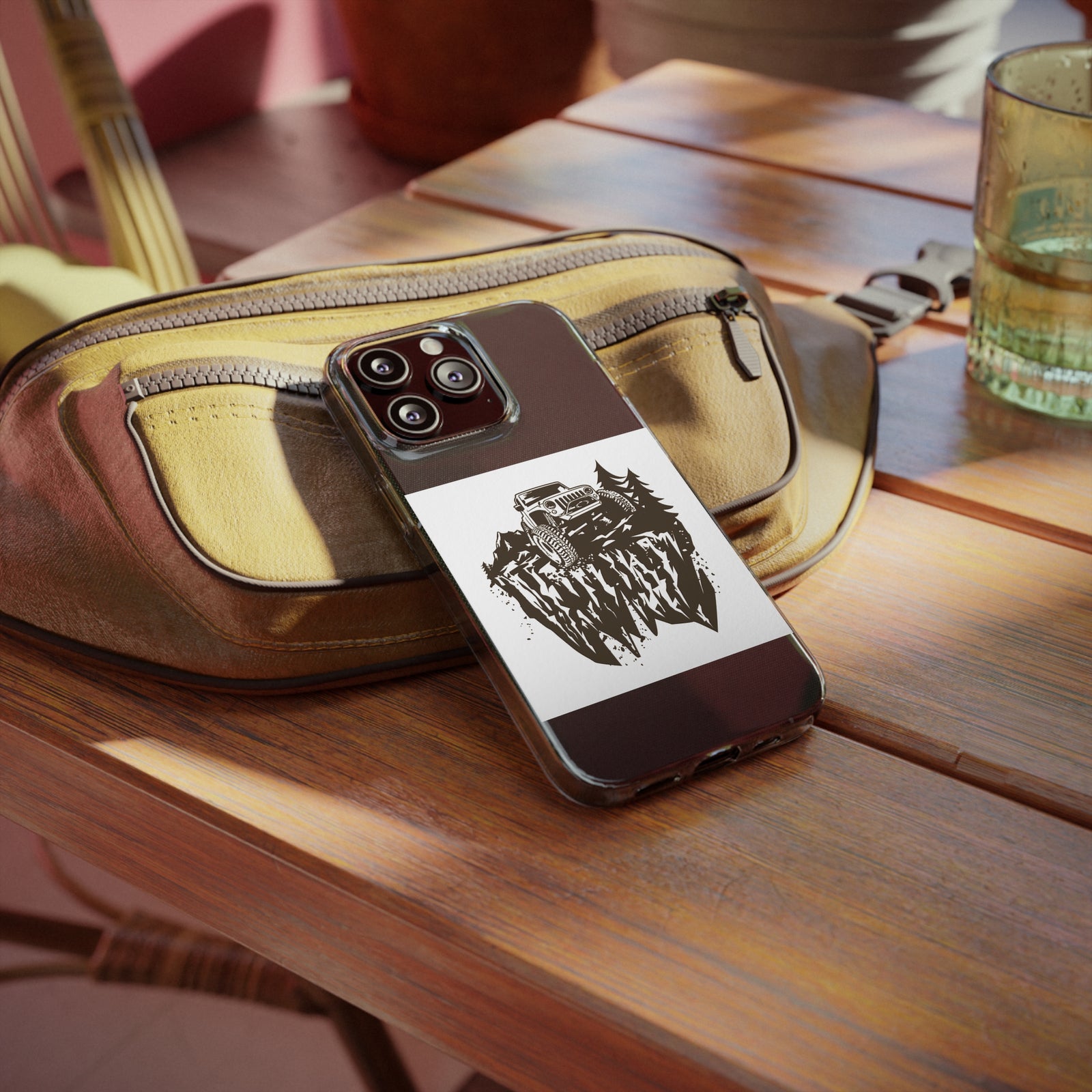 Jeep-themed phone case on a table, showcasing adventure-ready design for outdoor and camping enthusiasts.