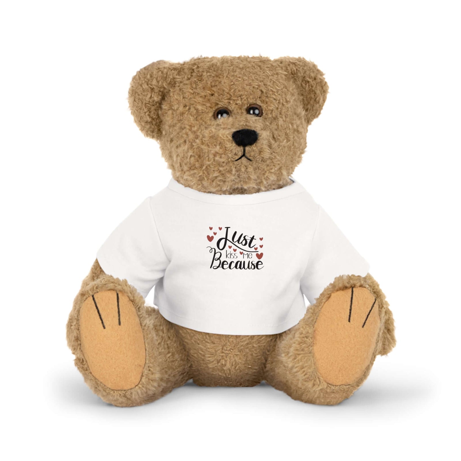Cute plush bunny toy wearing 'Just Because' t-shirt, perfect gift for kids and collectors at revlando.com.