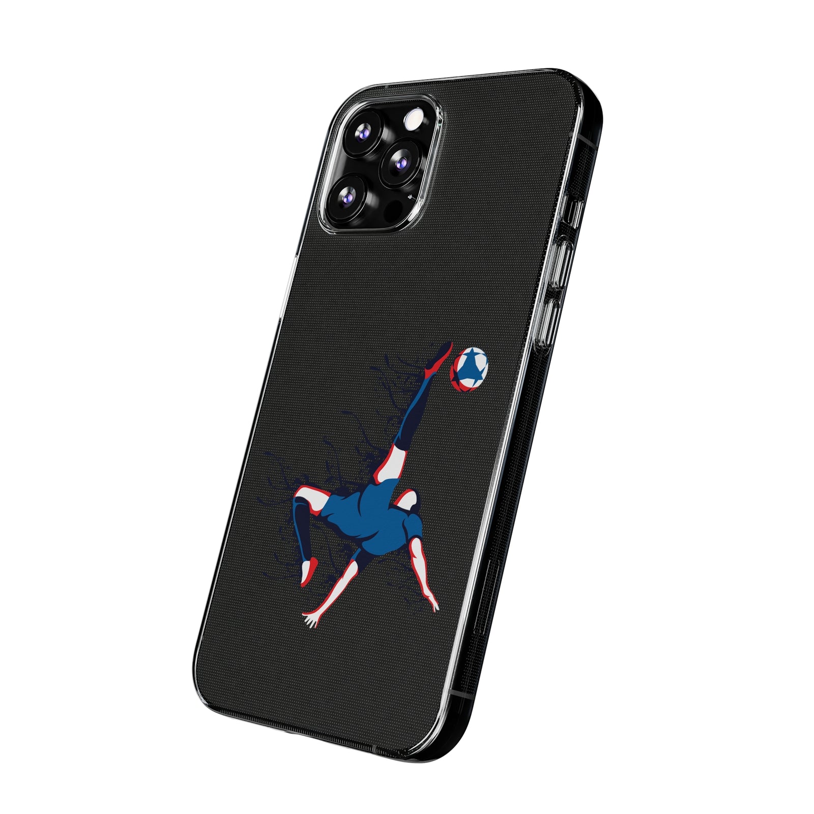 Football-themed TPU phone case featuring a bicycle kick design, ideal for outdoor adventures and camping.