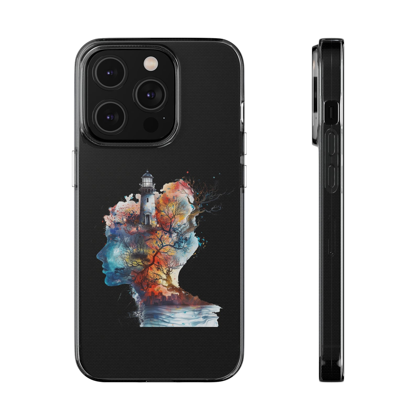 Abstract phone case featuring a colorful lighthouse and nature design, ideal for outdoor and adventure enthusiasts.