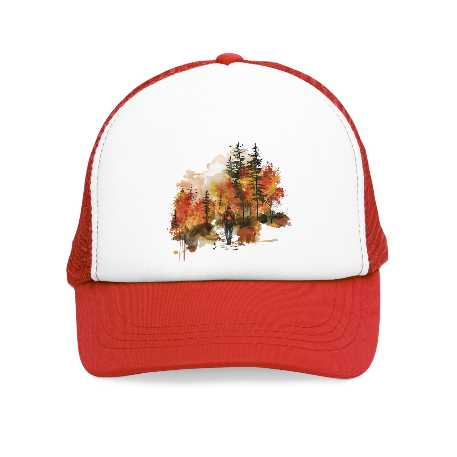 Red mesh cap featuring a scenic autumn landscape, perfect for outdoor adventures and camping.