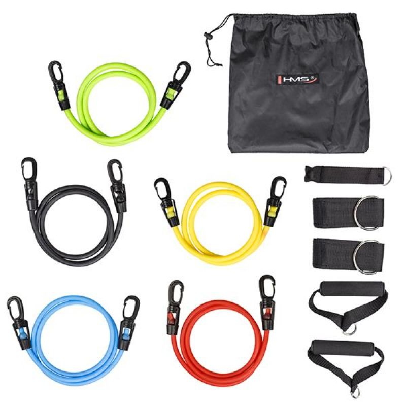 Set de entrenamiento de fuerza HMS TX30: kit de entrenamiento completo con 5 bandas de resistencia, empuñaduras, soportes para tobillos y anclaje para puerta