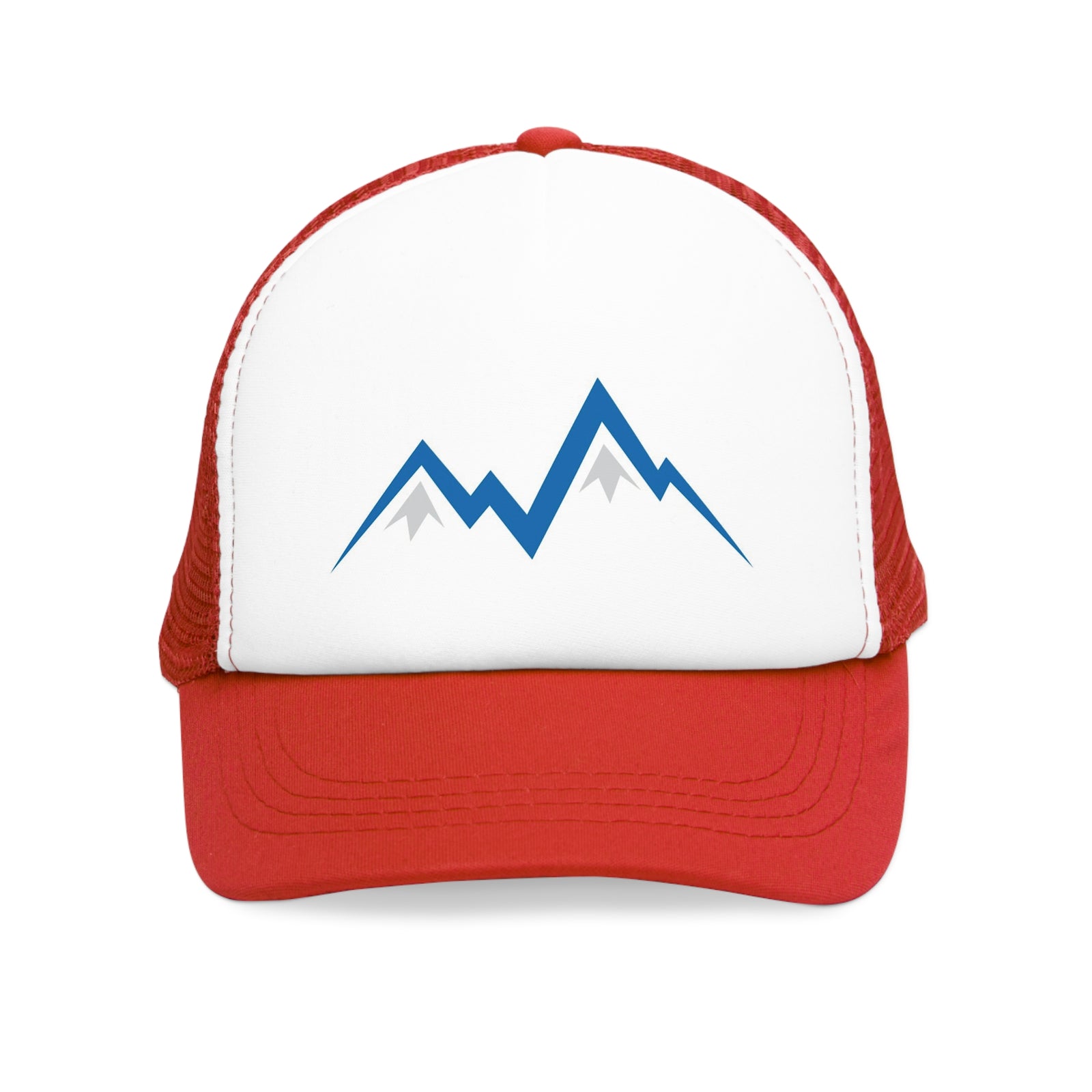 Red mesh cap featuring mountain graphic, perfect for outdoor adventures and camping from revlando.com.