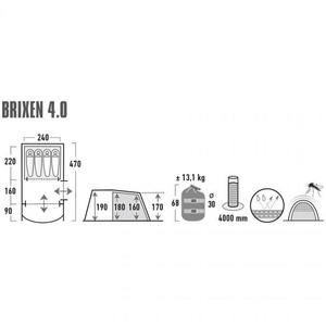 Diagram of High Peak Brixen 4.0 Tent dimensions and features, ideal for outdoor camping adventures.