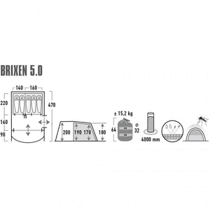 High Peak Brixen 5.0 tent dimensions and features diagram, showcasing spacious design and water resistance.